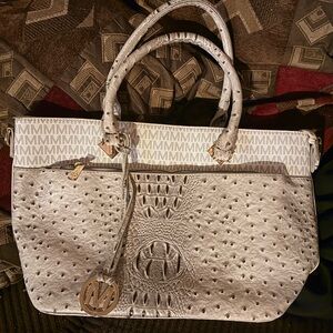 MFK Light Gray Satchel Top Handle Bag Logo Pattern Logo Charm Zipper Accent